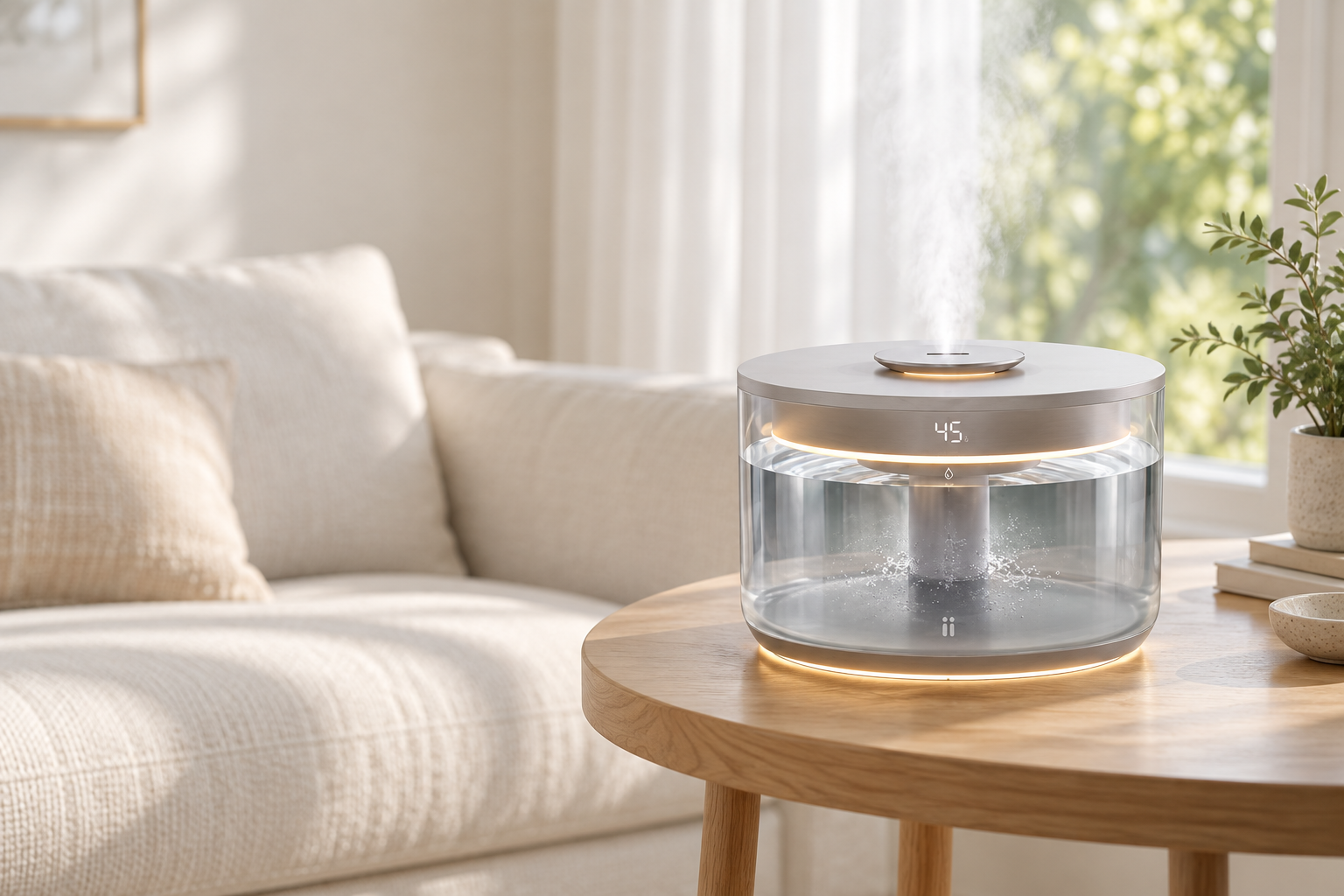 清晨客厅：阳光与绿意中的 AeroFloat 漂浮加湿器